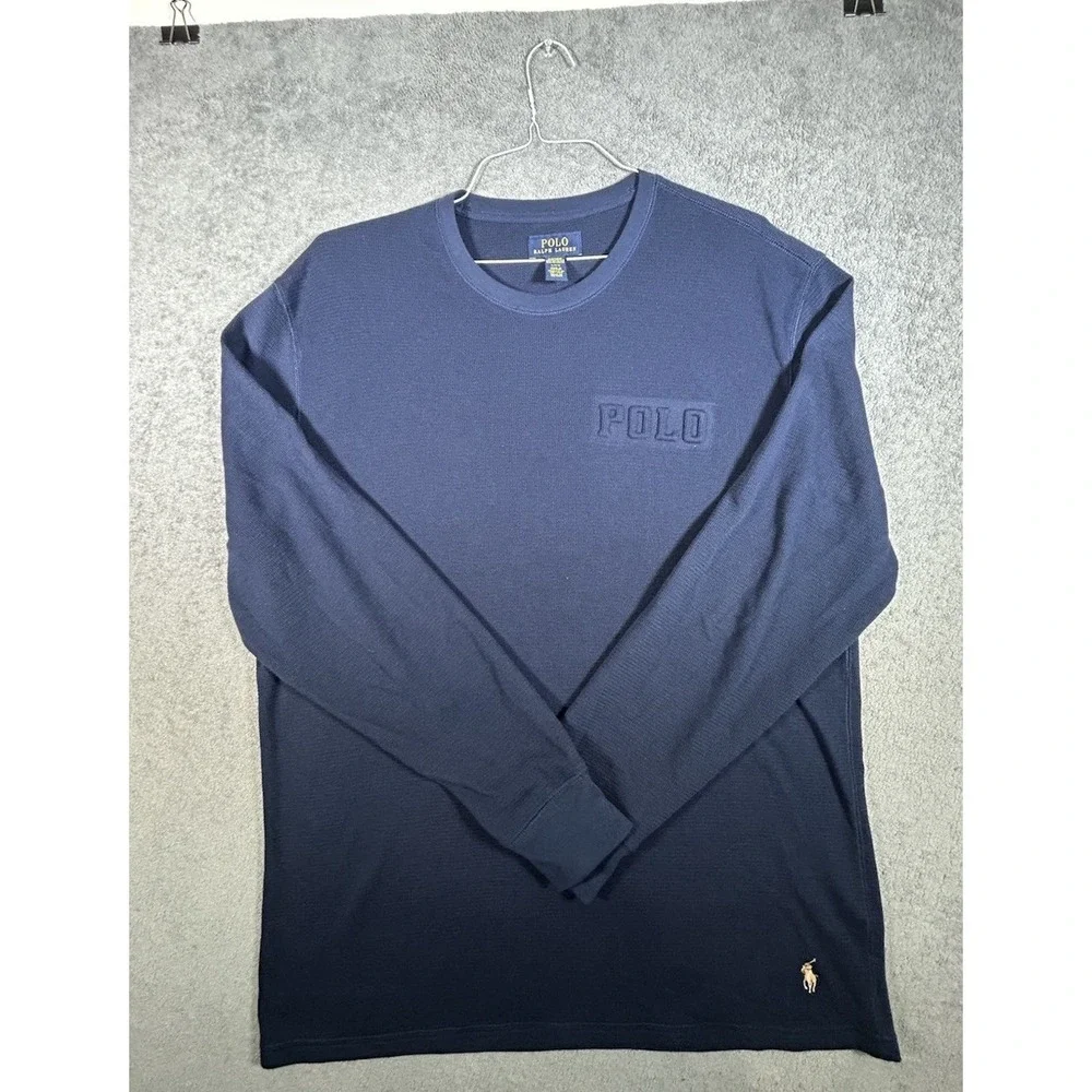Polo Ralph Lauren Men's L Blue Waffle Knit Long Sleeve Crew Neck Logo Sleepshirt